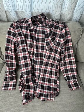Men's Black & White Plaid Button-Down Shirt with Red Accents